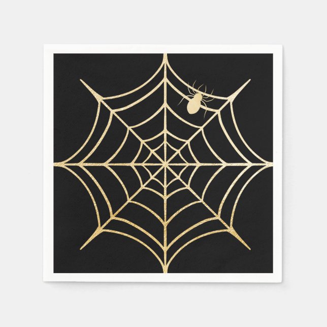 Serviette En Papier Black & Gold Éffrayant Halloween Spiderweb & Spide (Devant)