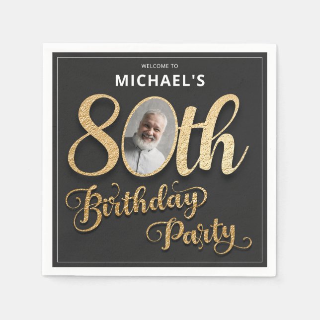 Serviette En Papier Black Gold Foil Custom Photo 80th Birthday  (Devant)