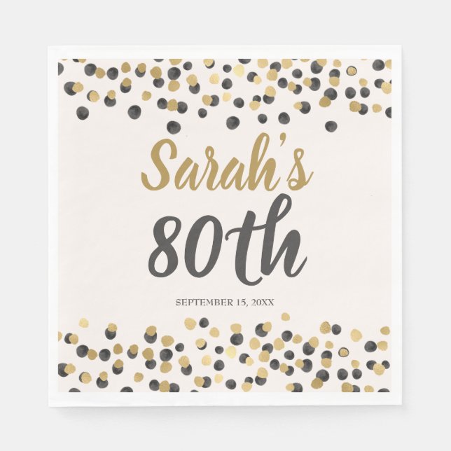 Serviette En Papier Black Gold Parties scintillant 80e anniversaire (Devant)