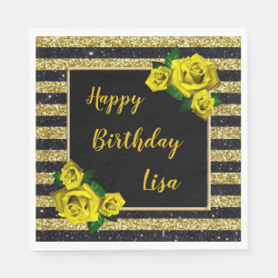 Serviette En Papier Black Gold Parties scintillant rayures Roses Jaune