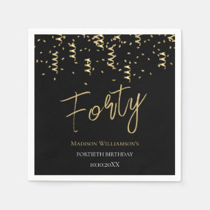Serviette En Papier Black & Gold Quarty Minimal 40e fête d'anniversair