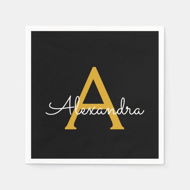 Serviette En Papier Black Gold Script Monogramme Nom Moderne (Devant)