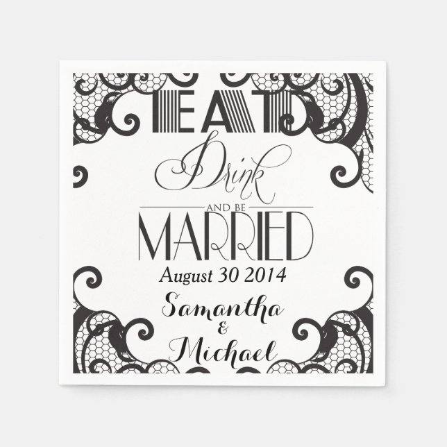 Serviette En Papier Black Lace Manger Boire Soyez Marié (Devant)