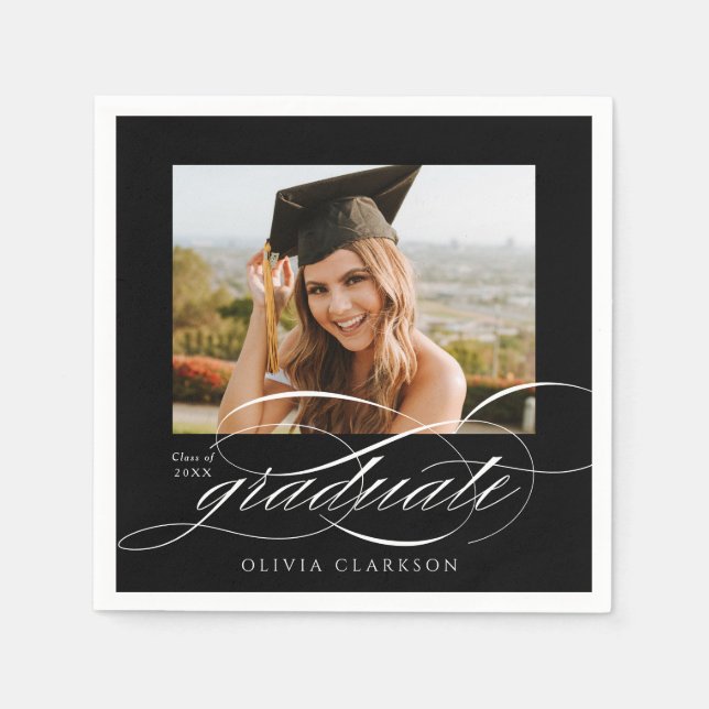 Serviette En Papier Black Modern Elegant Script Photo Graduation Party (Devant)