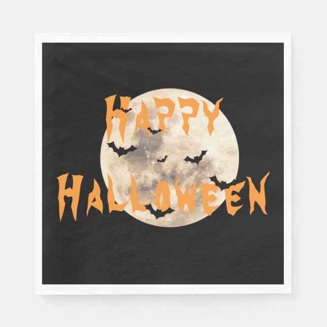 Serviette En Papier Black Orange Happy Halloween chauves-souris lune (Devant)