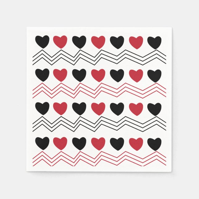 Serviette En Papier Black Red Hearts Chevron Stripe Motif Party (Devant)