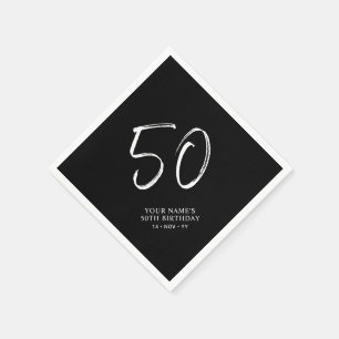 Serviette En Papier Black & White   Brush Script Fête d'anniversaire 5