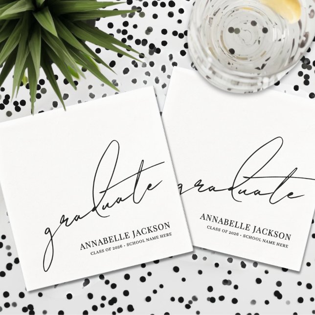 Serviette En Papier Black White Script Graduation (Black White Script Graduation Napkins)