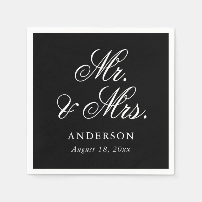 Serviette En Papier Black White Script Mr & Mrs Mariage (Devant)