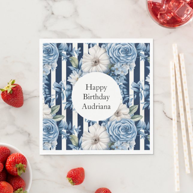 Serviette En Papier Blanc Bleu Grandes Florales Anniversaire (En situation)