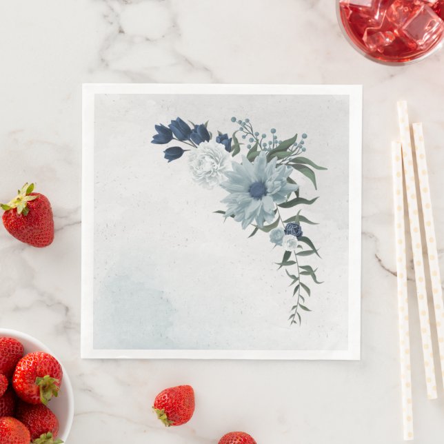 Serviette En Papier blanc & bleu mariage fleuri (En situation)