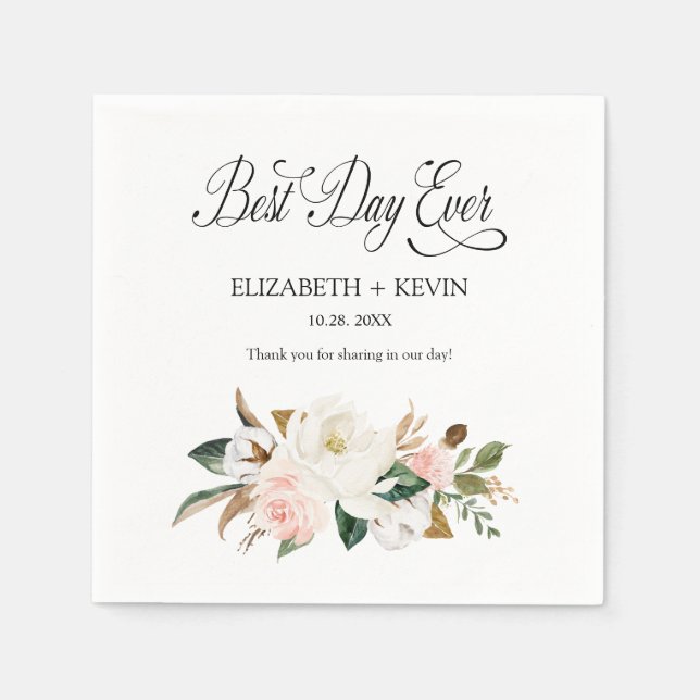 Serviette En Papier Blanc Blush Magnolia Floral Meilleur Jour Jamais M (Devant)