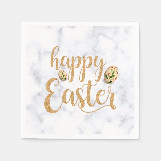 Serviette En Papier Blanc et or Joyeux Pâques Elégant (Devant)