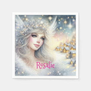 Serviette En Papier Blanc festif aquarelle ange de neige givré éthéré
