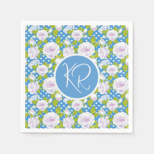 Serviette En Papier Blanc Fleur Bleue Rose Monogramme Initiales Tendan