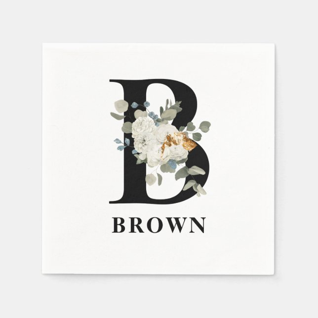 Serviette En Papier Blanc Floral Monogramme noir B serviettes (Devant)
