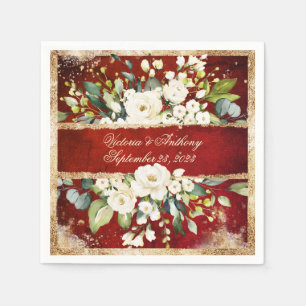 Serviette En Papier Blanc or Botanique Floral Rouge Rustique Mariage
