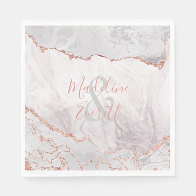 Serviette En Papier Blanc & Rose Gold Agate Marbre Mariage Monogramme (Devant)