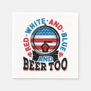 Serviette En Papier Blanc rouge et bleu et Bière trop 4 juillet