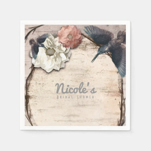 Serviette En Papier Blanc Rustique Fleur de Bouleau & Colibri Élégant