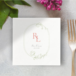 Serviette En Papier Blanc vert Floral Monogramme Mariage Napkins