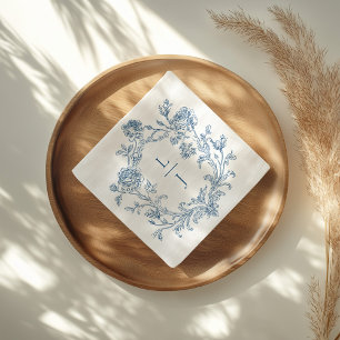 Serviette En Papier Blason Floral Bleu Élégant Monogramme Mariage