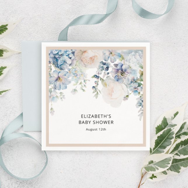 Serviette En Papier Bleu Aquarelle Floral Jardin Baby shower serviette (Créateur téléchargé)