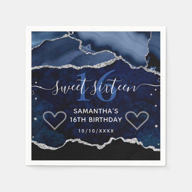 Serviette En Papier Bleu & Argent Faux Parties scintillant Agate Marbr (Devant)