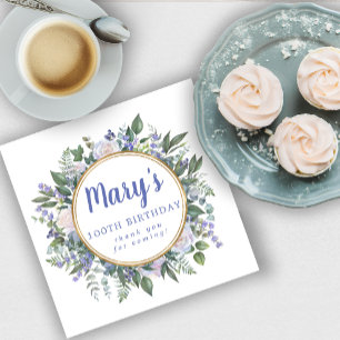 Serviette En Papier Bleu Blanc Floral 100e Anniversaire Merci