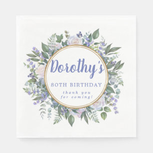 Serviette En Papier Bleu Blanc Floral 80e anniversaire Merci
