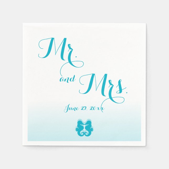 Serviette En Papier Bleu blanc M. et Mme Mariage Seahorse (Devant)