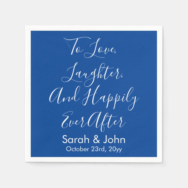 Serviette En Papier Bleu Blanc Personnalisé Script Mariage Réception (Devant)