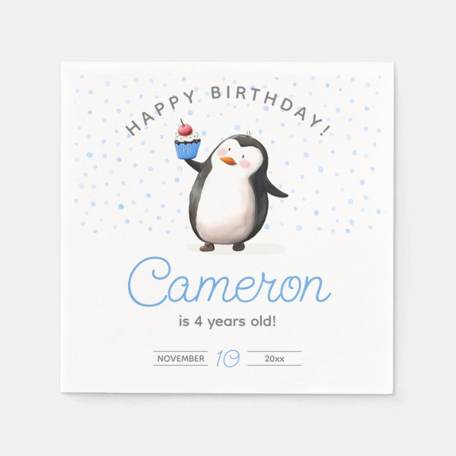 Serviette En Papier Bleu cupcake pingouin anniversaire garçon (Devant)