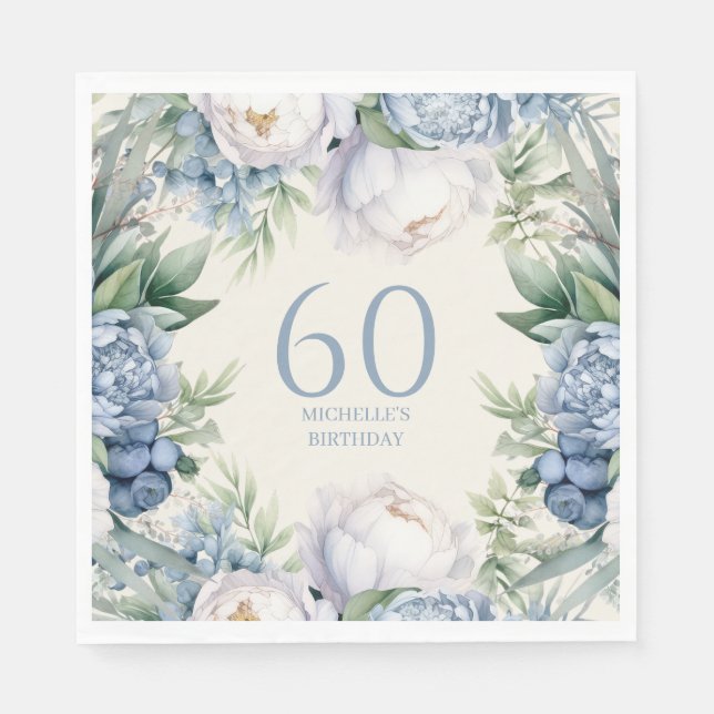 Serviette En Papier Bleu Duché Blanc Floral 60e anniversaire (Devant)
