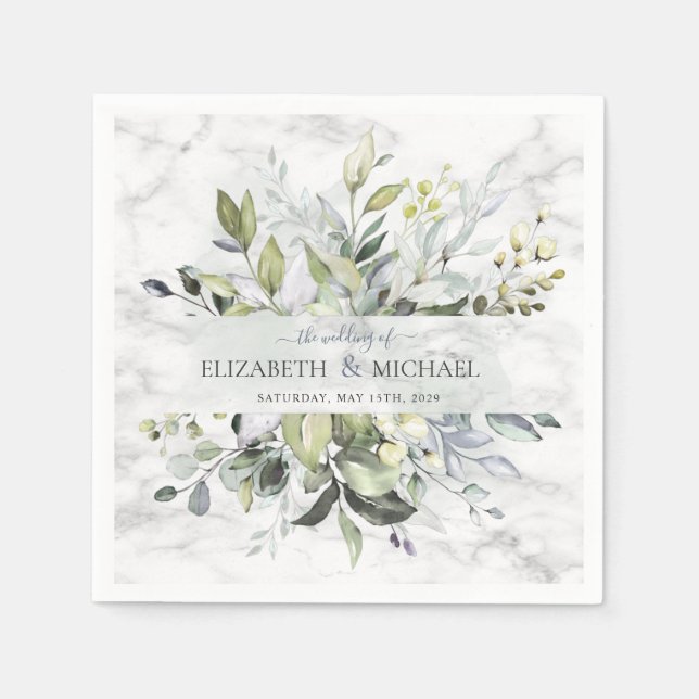 Serviette En Papier Bleu Duché Eucalyptus Vert Marbre botanique (Devant)