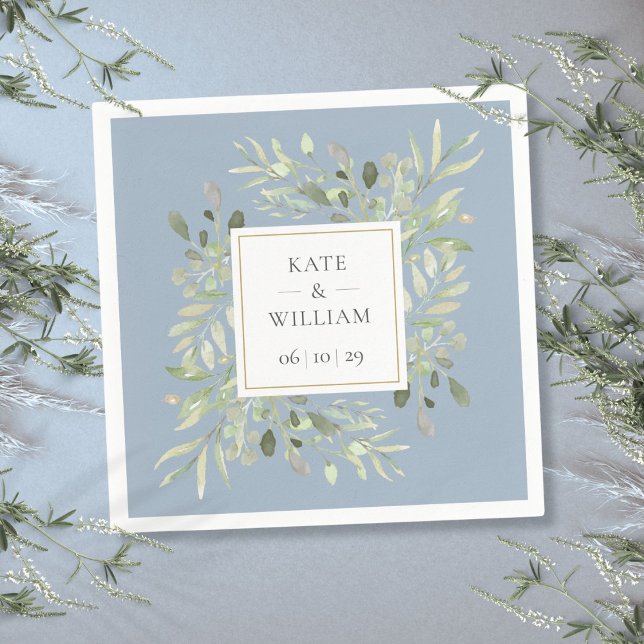 Serviette En Papier Bleu Dusty Mariage de verdure botanique (Dusty Blue Botanical Greenery Wedding Napkins)
