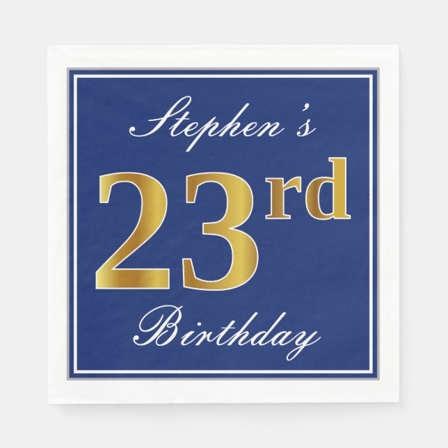 Serviette En Papier Bleu Élégant, Faux Gold 23ème anniversaire; Nom pe (Devant)
