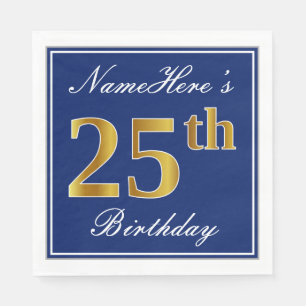 Serviette En Papier Bleu Élégant, Faux Gold 25e anniversaire; Nom pers