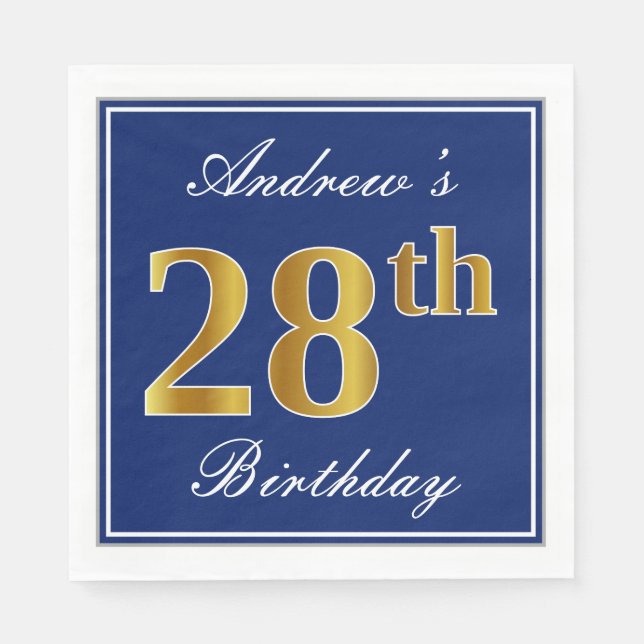 Serviette En Papier Bleu Élégant, Faux Gold 28e anniversaire; Nom pers (Devant)