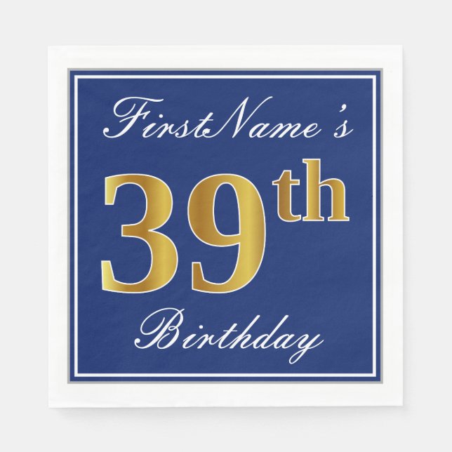 Serviette En Papier Bleu Élégant, Faux Gold 39e anniversaire; Nom pers (Devant)