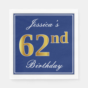 Serviette En Papier Bleu élégant, Faux Gold 62e anniversaire; Nom pers