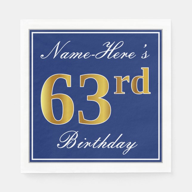 Serviette En Papier Bleu Élégant, Faux Gold 63e anniversaire; Nom pers (Devant)