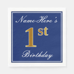 Serviette En Papier Bleu élégant, Faux Or 1er Anniversaire + Nom perso