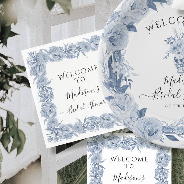 Serviette En Papier Bleu Elegant Floral Chinoiserie Fête des mariées (Créateur téléchargé)