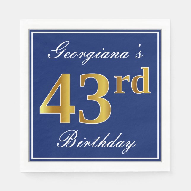Serviette En Papier Bleu Élégant, Or Faux 43e anniversaire; Nom person (Devant)