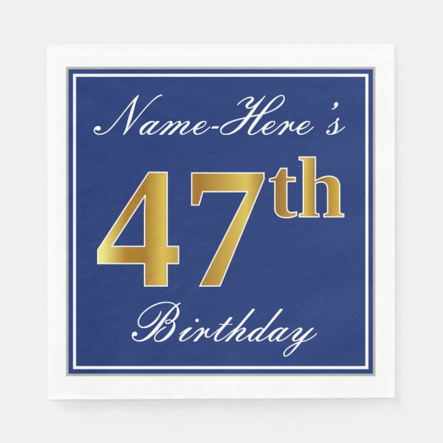 Serviette En Papier Bleu Élégant, Or Faux 47e anniversaire; Nom person (Devant)