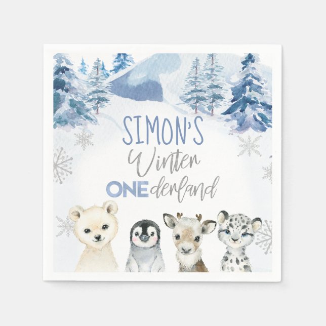 Serviette En Papier Bleu et Argent Arctique Hiver Anniversaire (Devant)