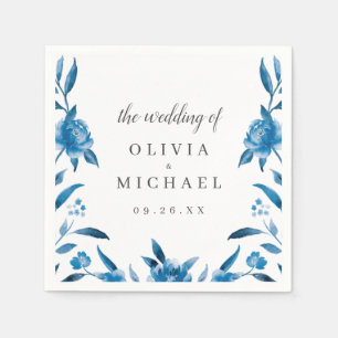 Serviette En Papier Bleu et blanc aquarelle fleurie merci mariage
