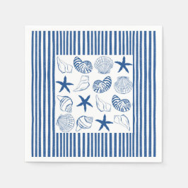 Serviette En Papier Bleu et blanc Bandes et coquilles marines