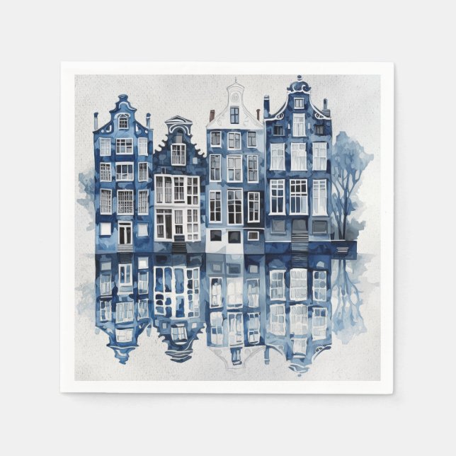 Serviette En Papier Bleu et blanc Delft maisons traditionnelles (Devant)